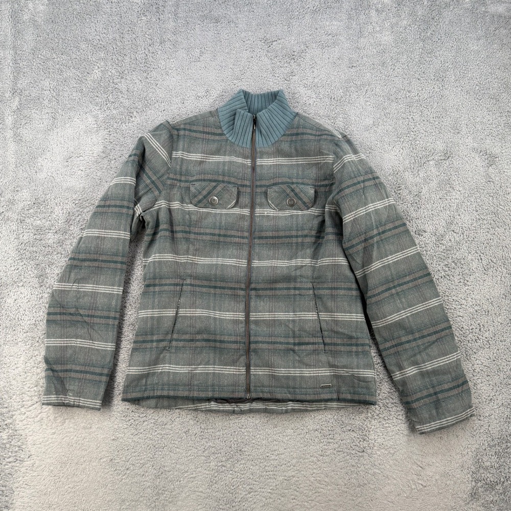 Prana Down Puffer Jacket Womens Medium Green Plaid Full Zip Mock Neck W23170312